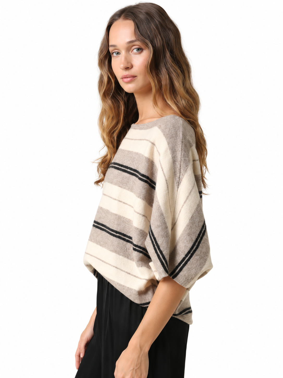 Beige and black striped dolman knit top with loose draped sleeves