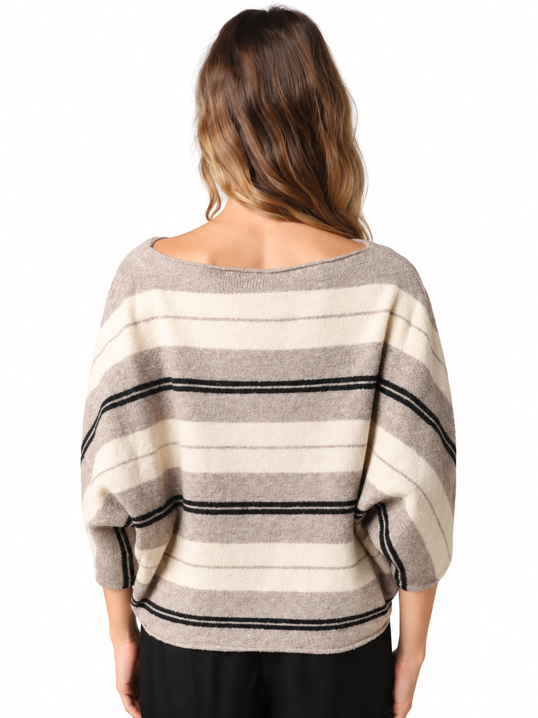 Beige and black striped dolman knit top, scooped back neckline