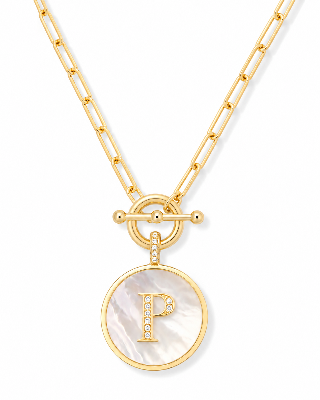 Rae & Jade Mother of Pearl Initial Pendant Necklace – 14K Gold Plated, 32" Chain