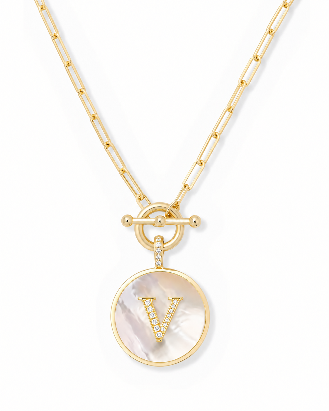 Rae & Jade Mother of Pearl Initial Pendant Necklace – 14K Gold Plated, 32" Chain