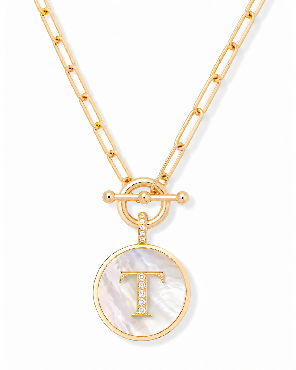 Rae & Jade Mother of Pearl Initial Pendant Necklace – 14K Gold Plated, 32" Chain