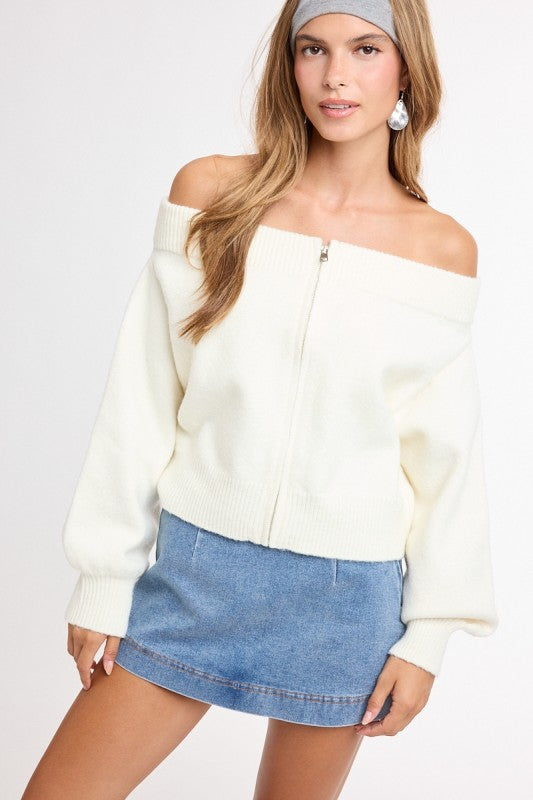 Molly Zip-Front Off-the-Shoulder Sweater