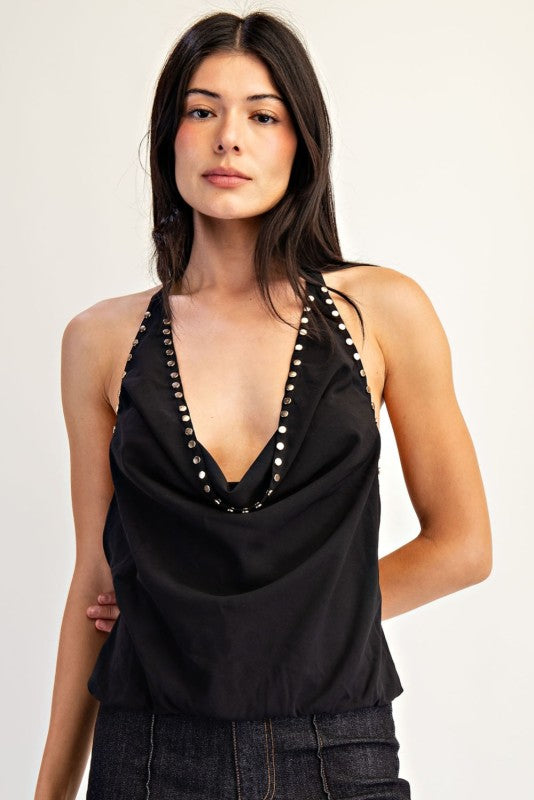 Sloane Studded Cowl Neck Halter Top