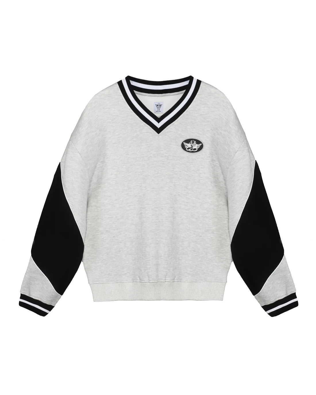 Boys V-neck sweatshirt, heather grey body with black sleeves and ribbed trim