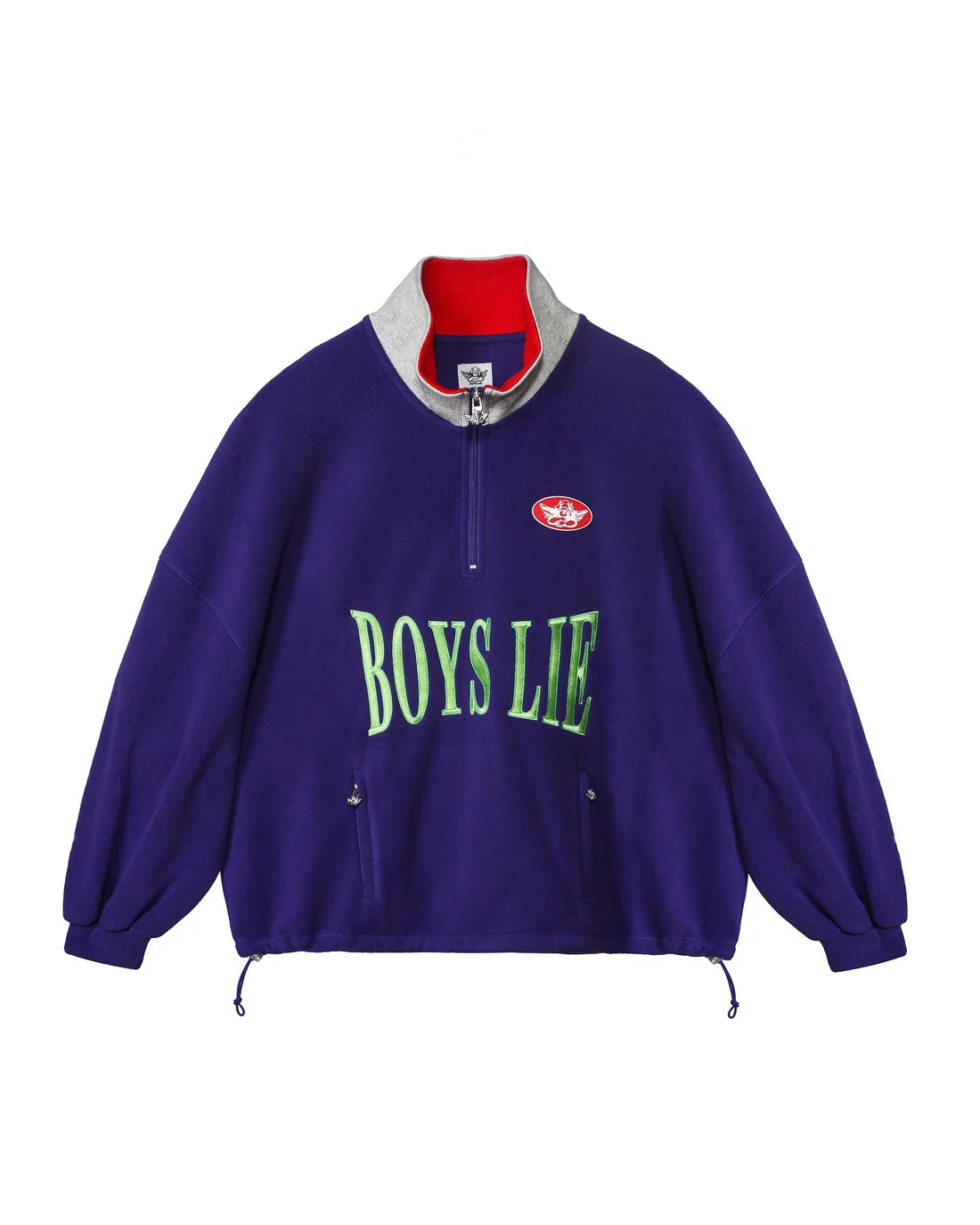 Purple quarter-zip sweatshirt with red collar lining, 'BOYS LIE' graphic and chest patch