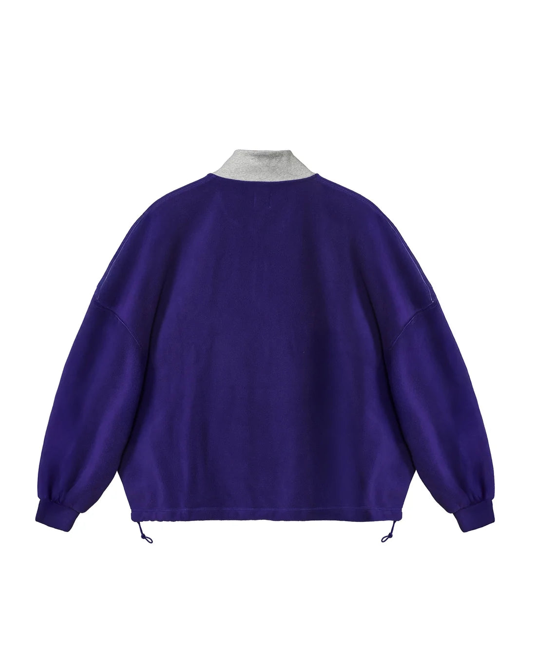 Purple quarter-zip crewneck sweatshirt, gray collar lining, no visible front print