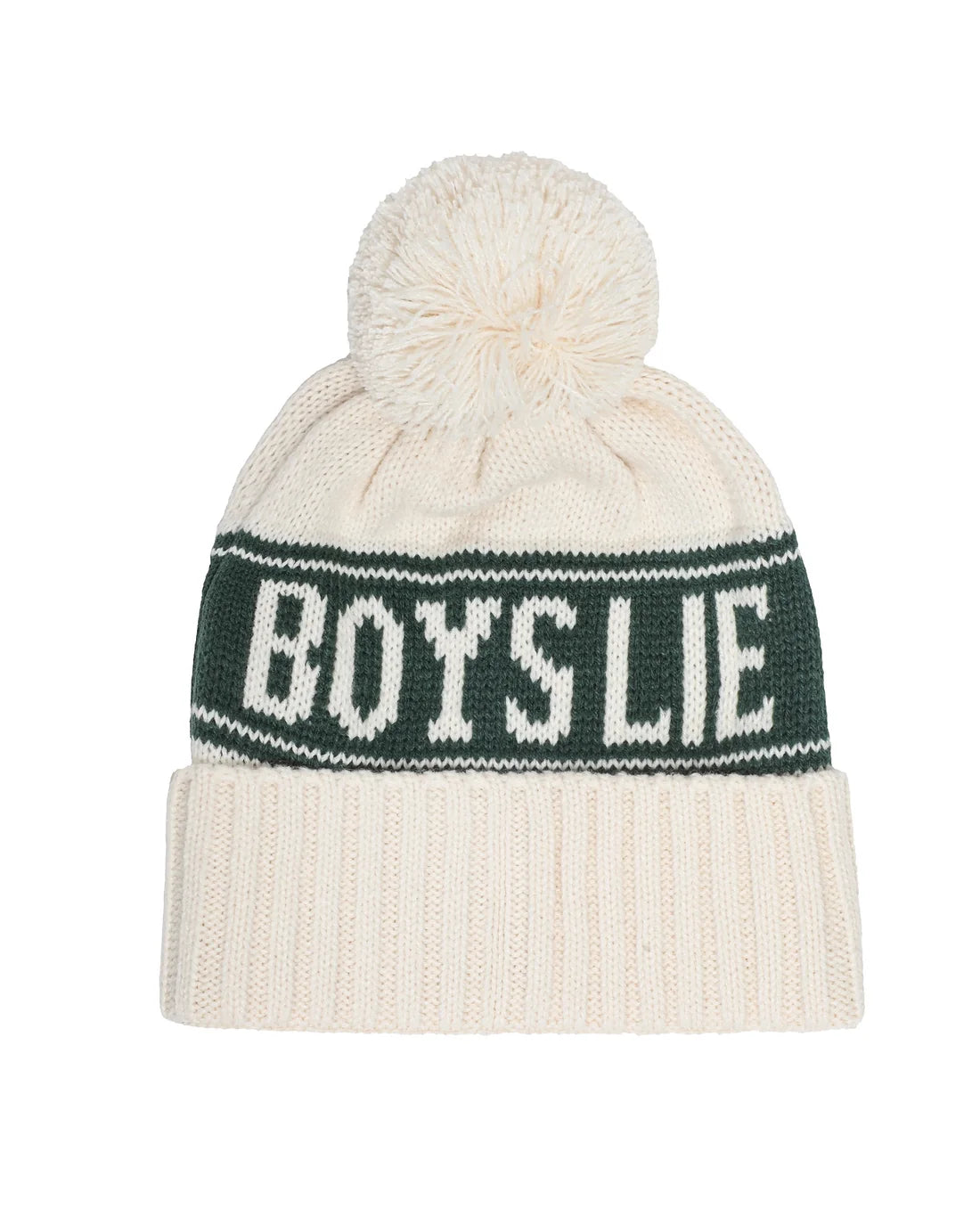 Cream knit beanie with pom-pom top and green band reading BOYS LIE
