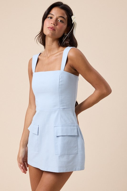 West Village Linen Dress Romper -Baby Blue