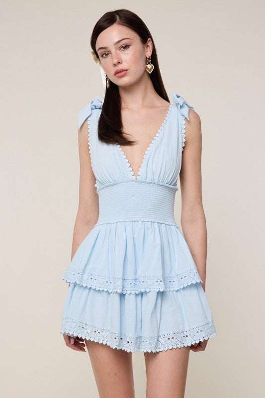 Penelope Baby Blue Tie Strap Layered Lace Mini Dress