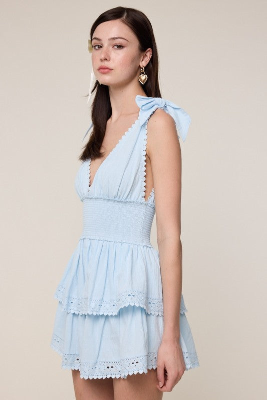 Penelope Baby Blue Tie Strap Layered Lace Mini Dress