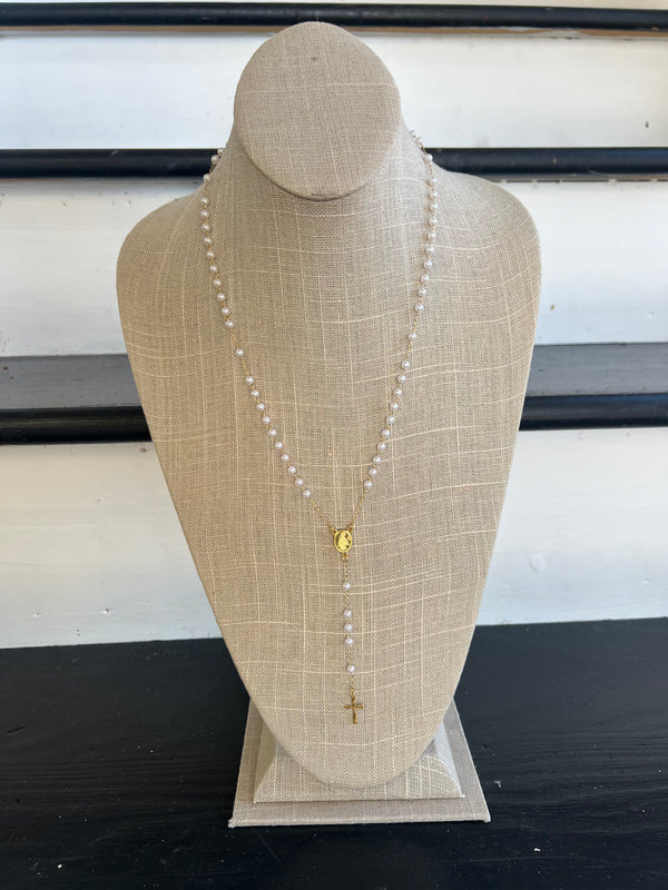 Pearl Rosary Cross Necklace