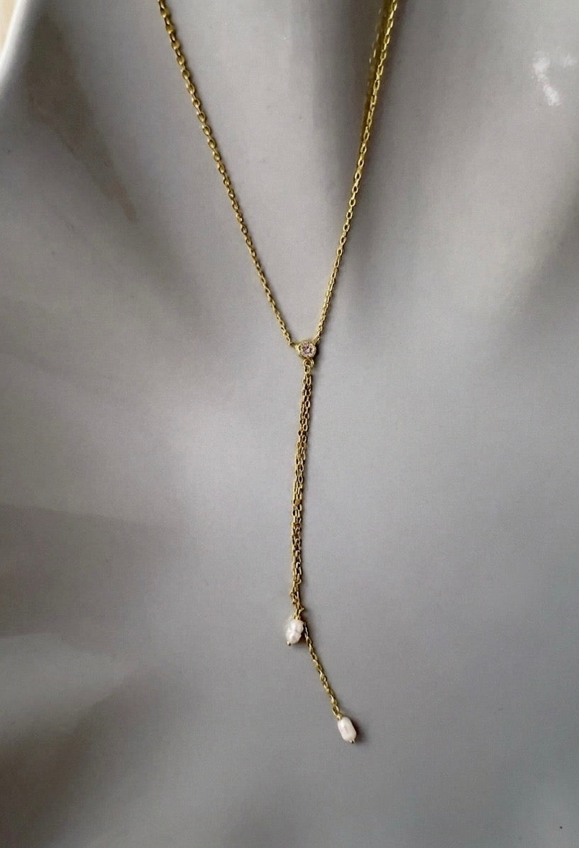 Pearl Kiss Lariat Necklace - 14K Gold-Plated Sterling Silver, Freshwater Pearl & CZA