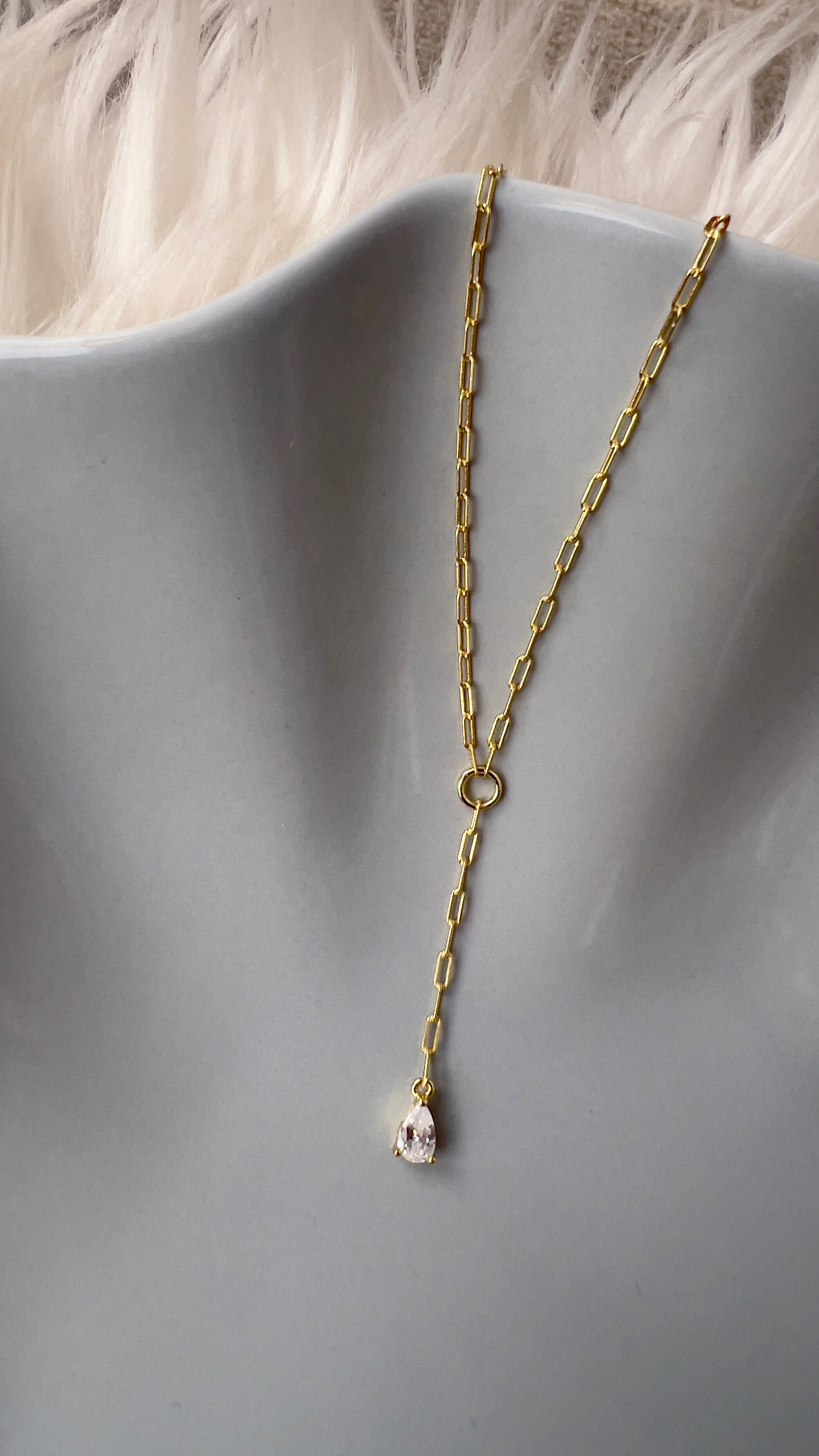 Just a Drop Lariat Necklace -   14K Gold-Plated Sterling Silver & Pear-Shaped CZ