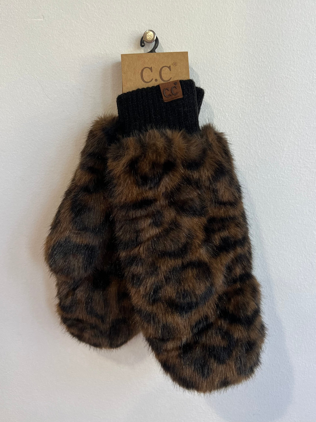 Brown leopard-print fur convertible mittens with black ribbed cuffs