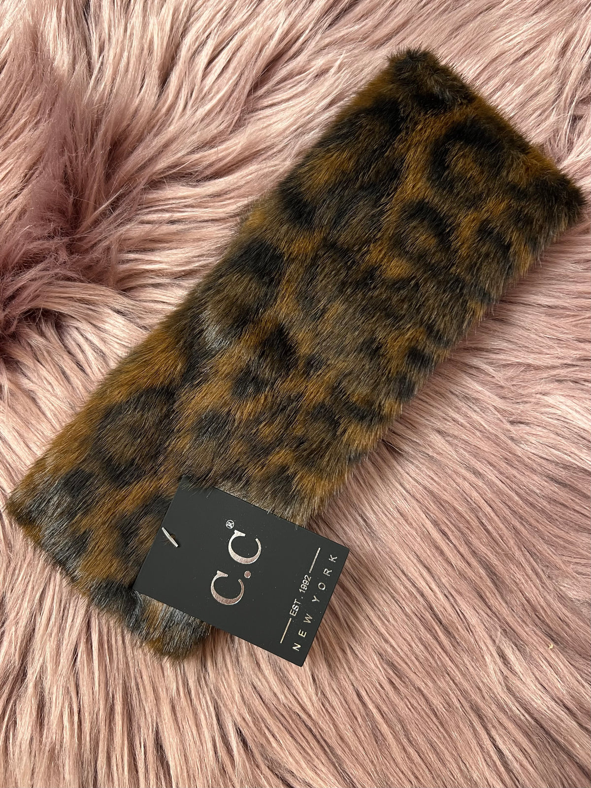 Brown and black leopard-print faux fur headwrap, shown from the reverse side