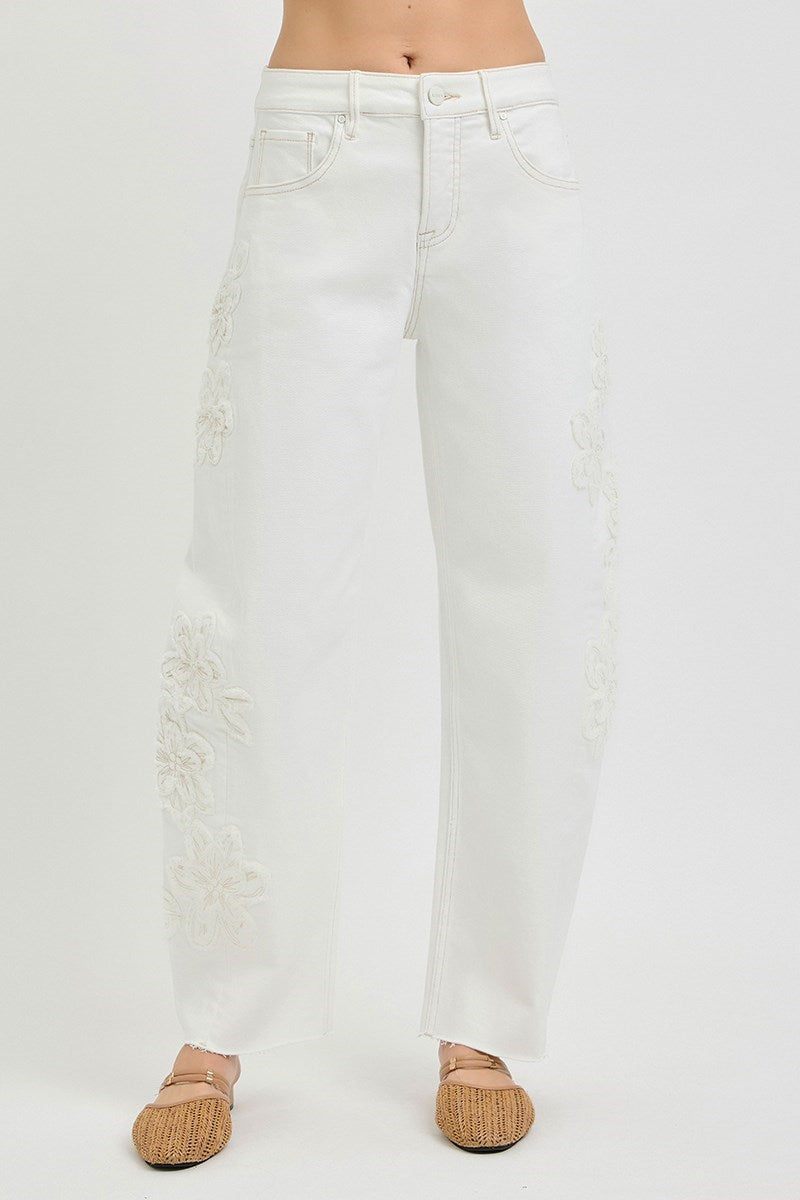 RISEN Tummy Control Slouchy Barrel Fit Pants – Cream with Floral Embroidery