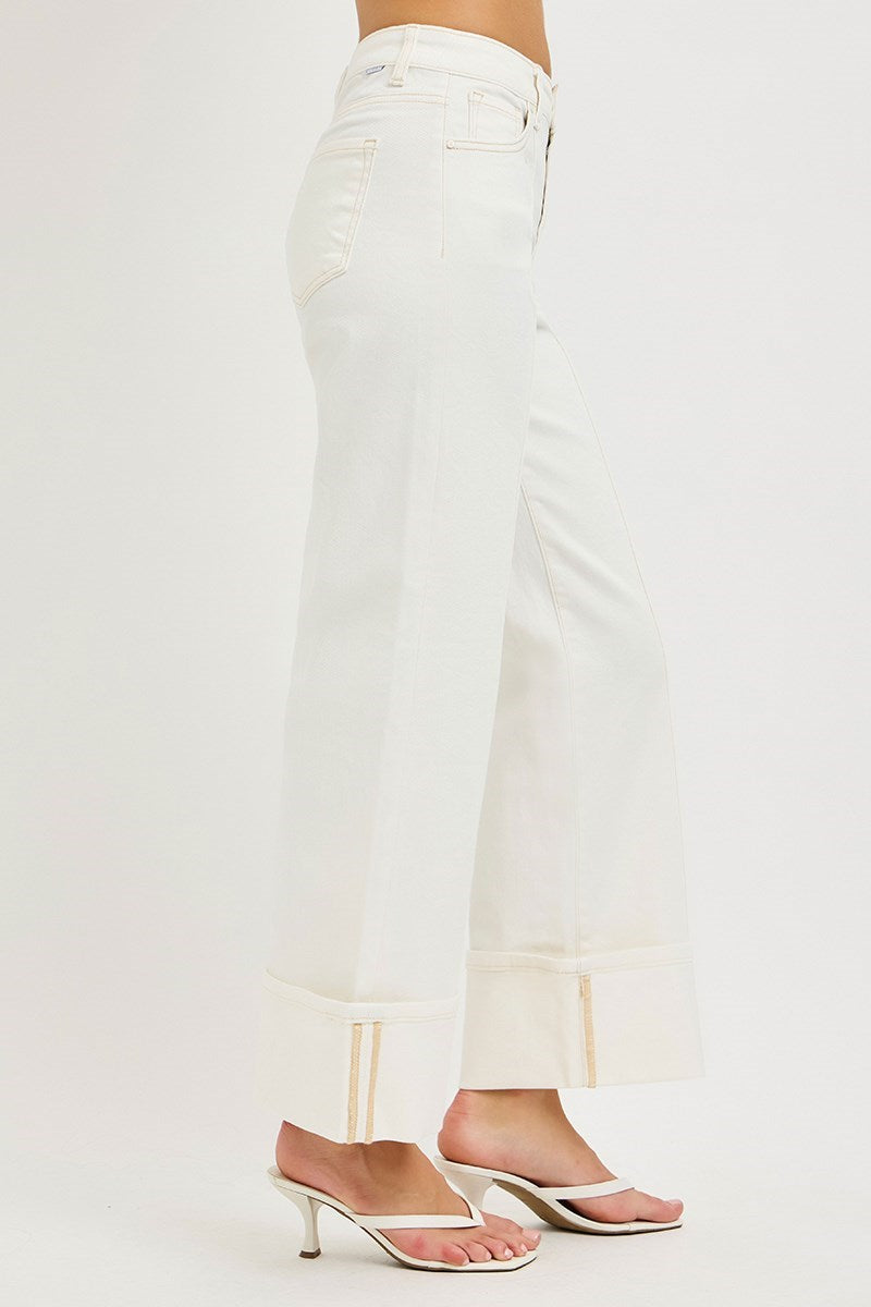 Risen Tummy Control High Rise Crop Wide Leg Denim – Cream