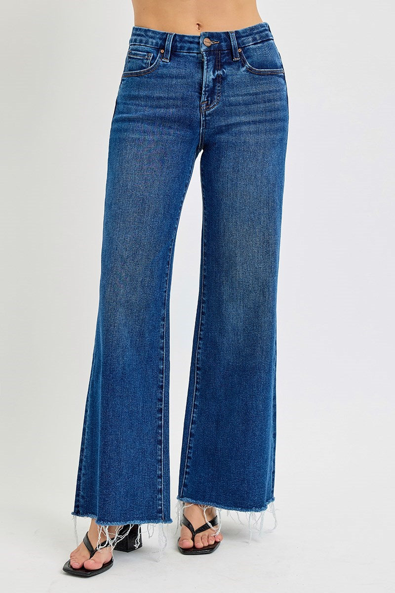 Mid Rise Dark Wash Wide Leg Jean with Tummy Control