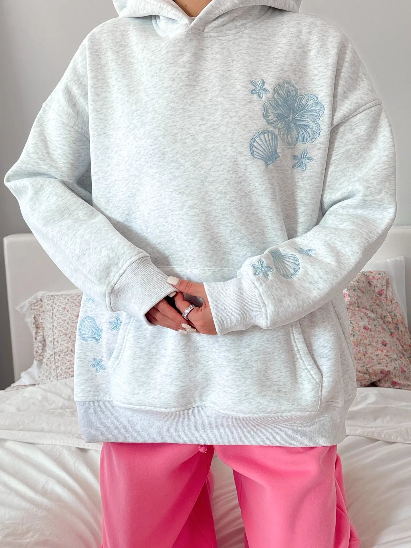 Sunkissed Coconut Pearl Gray Oversized Hoodie — Embroidered Tropical Seashells & Flowers