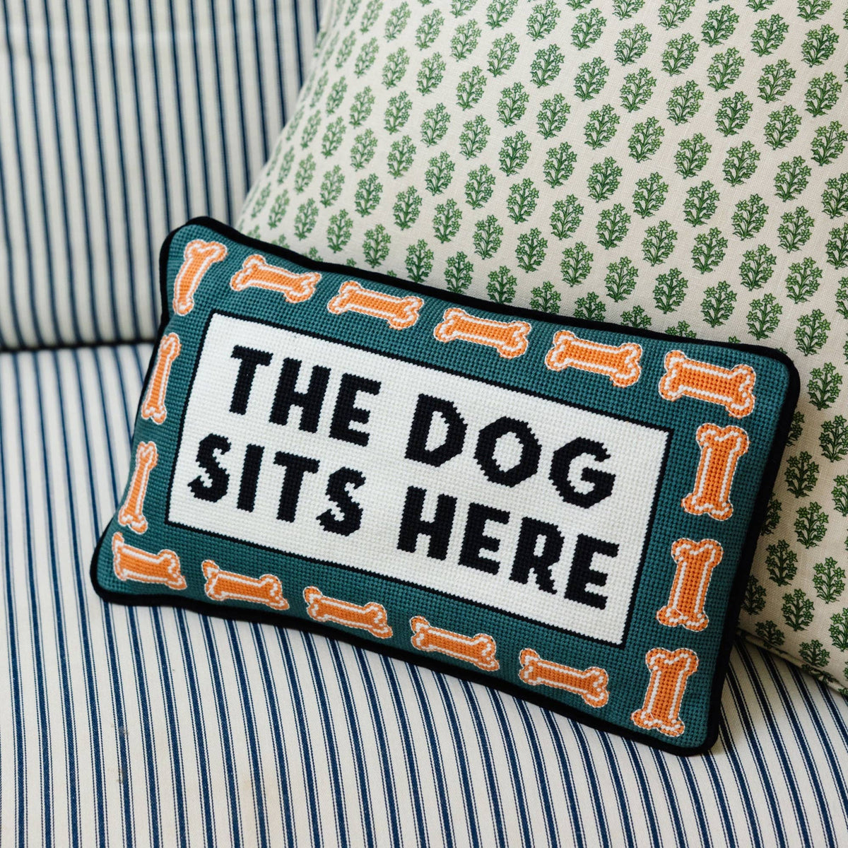Dog Sits Here Needlepoint Pillow by Furbish Studio