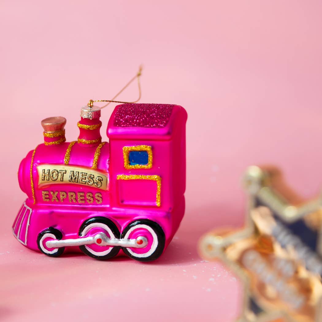 Hot Mess Express Pink Glass Train Christmas Ornament