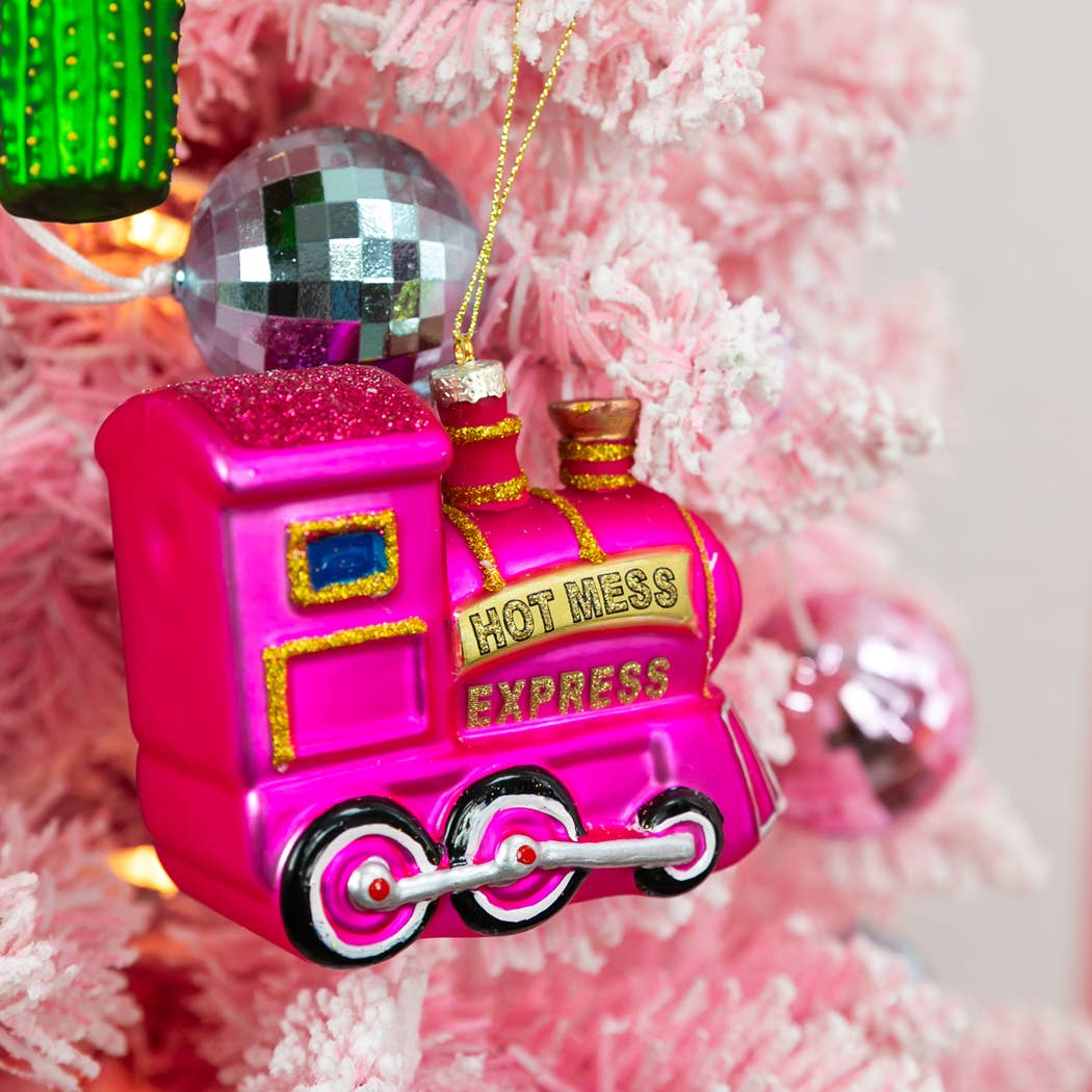 Hot Mess Express Pink Glass Train Christmas Ornament