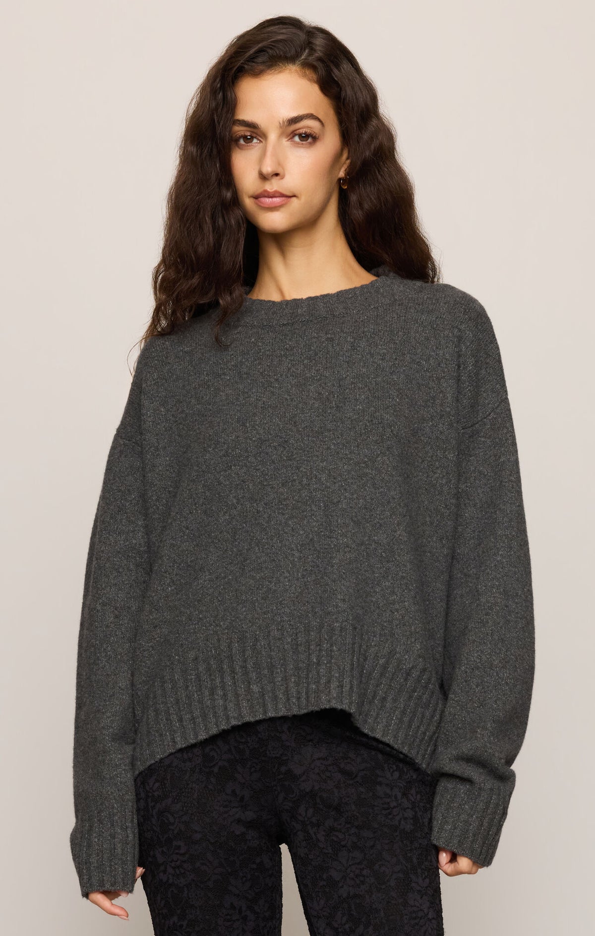 Charcoal heather knit crewneck pullover sweater, front view with ribbed cuffs and hem