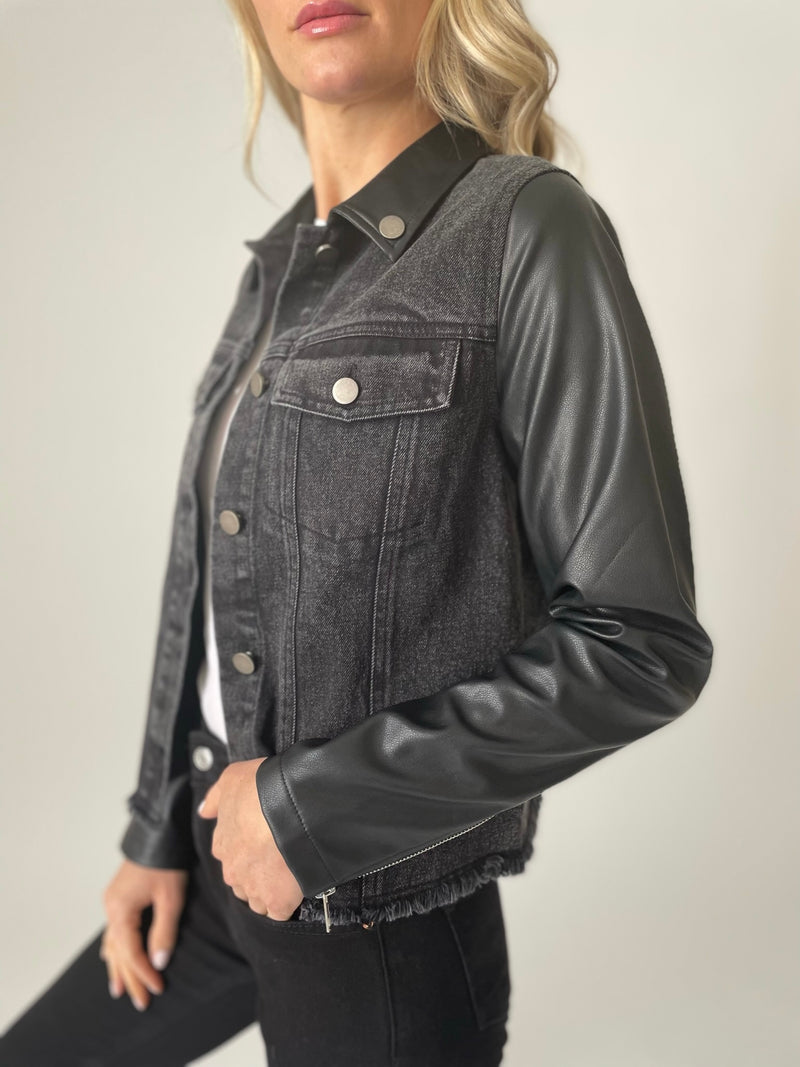 Michaela Denim Jacket w/Vegan Black Leather Sleeves