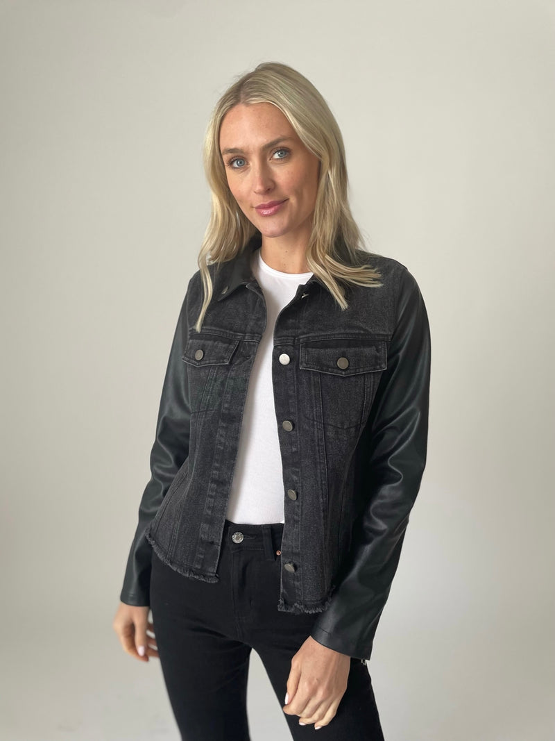 Michaela Denim Jacket w/Vegan Black Leather Sleeves