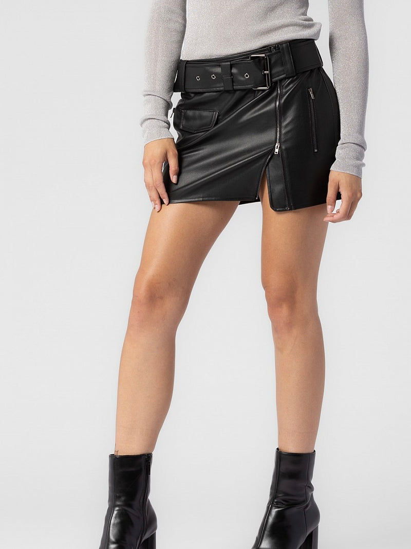 Drew Vegan Leather Belted Cargo Skirt