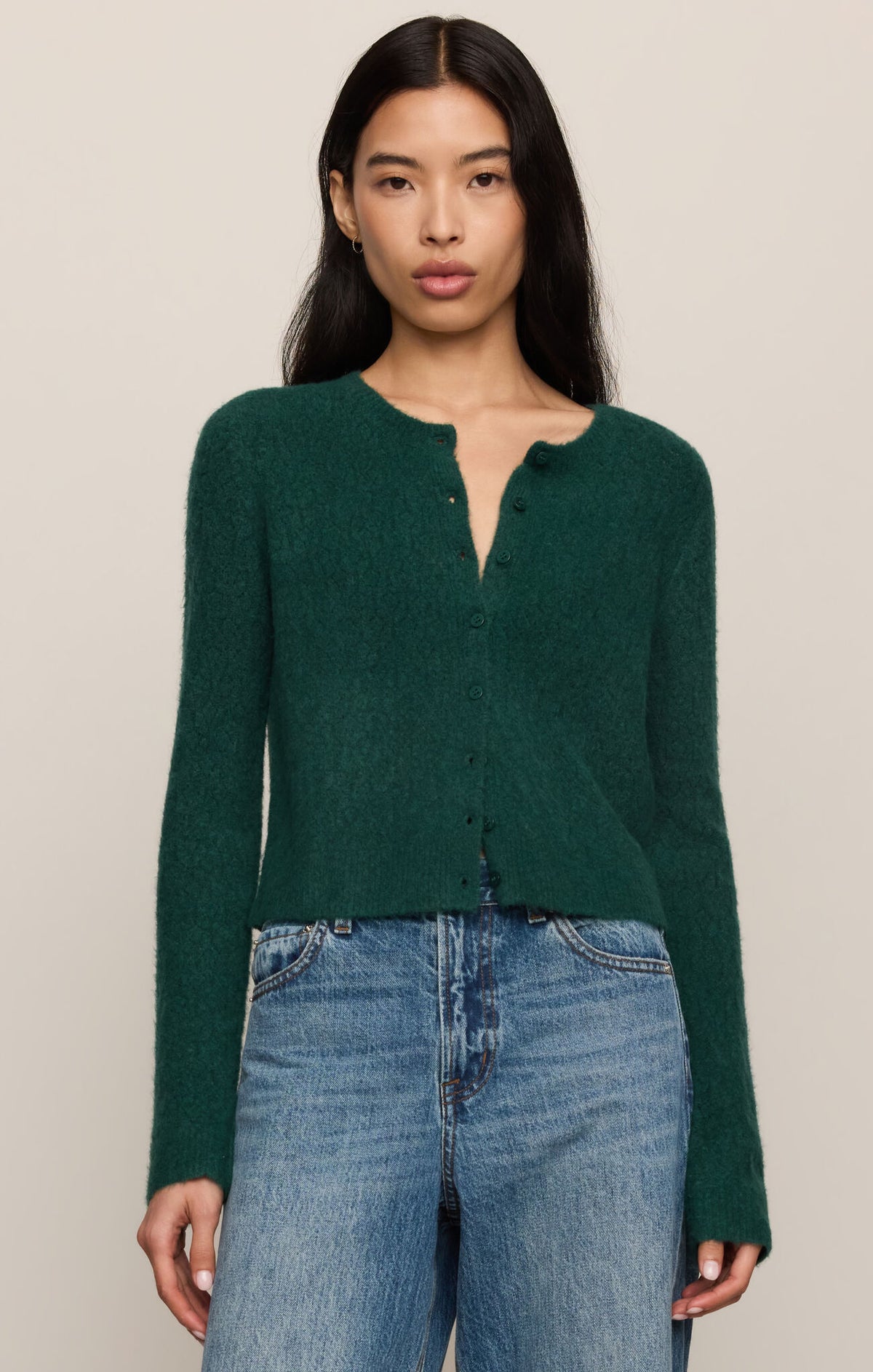 Velvet green open-knit cardigan sweater with button-front, long sleeves
