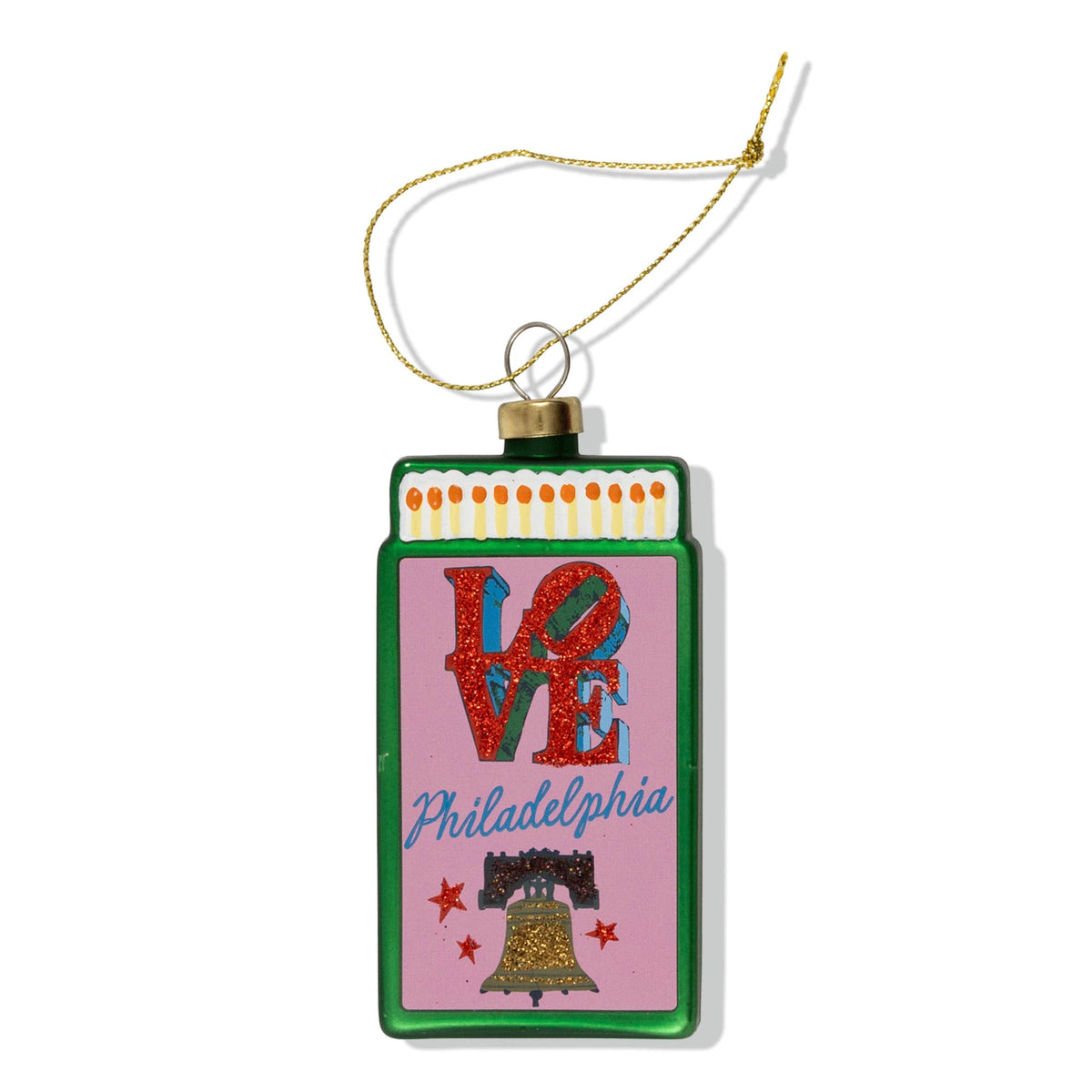 Matchbook ornament with green border, LOVE letters and Philadelphia print, gold hanging cord.