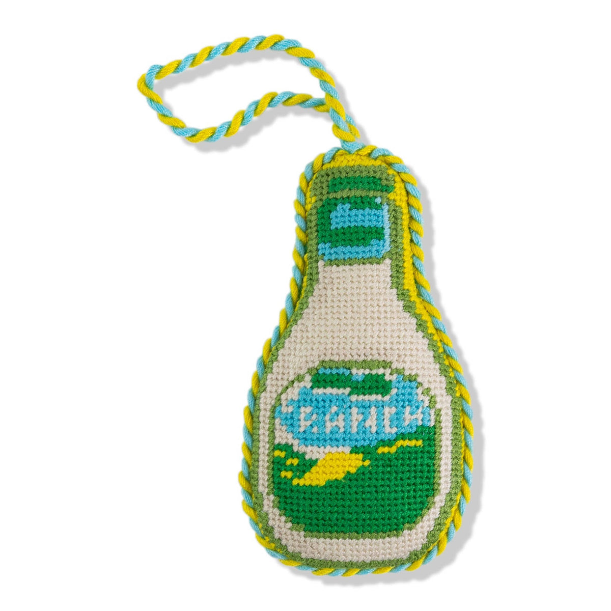 Needlepoint ranch dressing bottle ornament, blue label with green hills, hanging loop