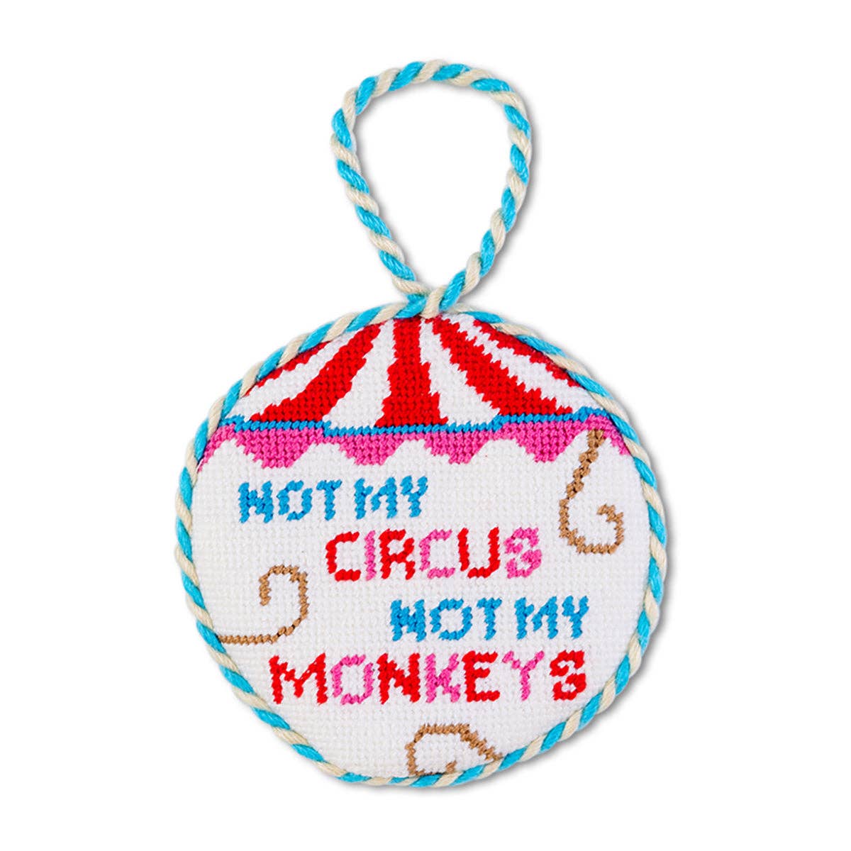 Needlepoint ornament by Furbish Studio, striped circus text, round fabric ball