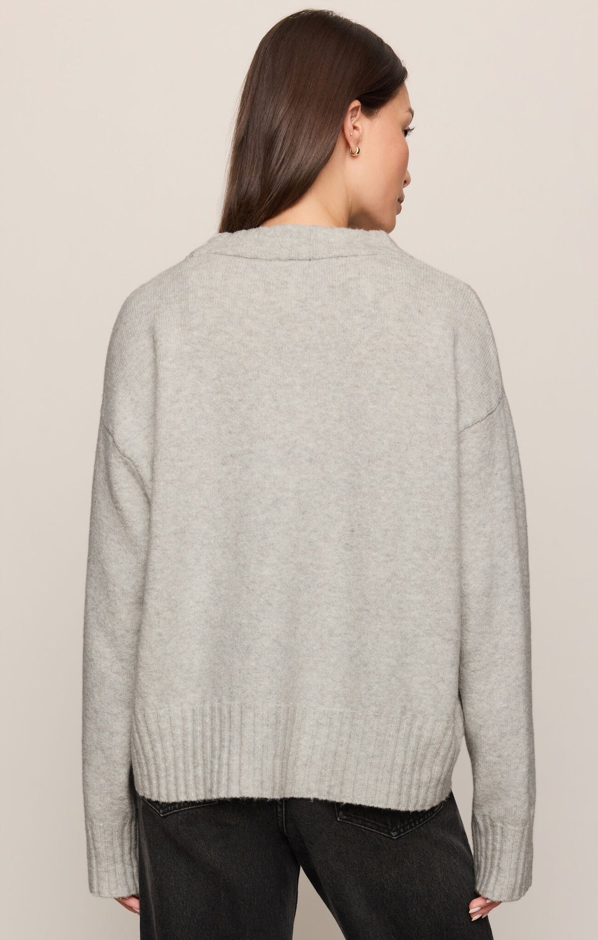 Feather grey crewneck knit pullover sweater, back view with ribbed hem and cuffs