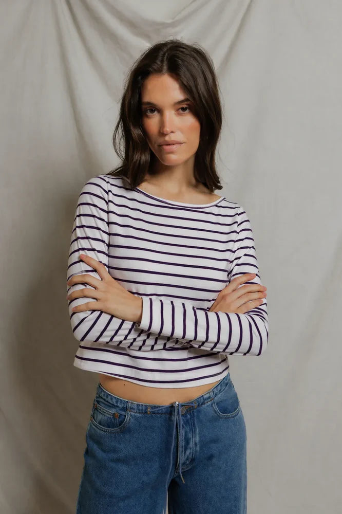 Perfect White Tee Parker Stripe Boat Neck Long Sleeve Top – Cotton Modal Striped Tee