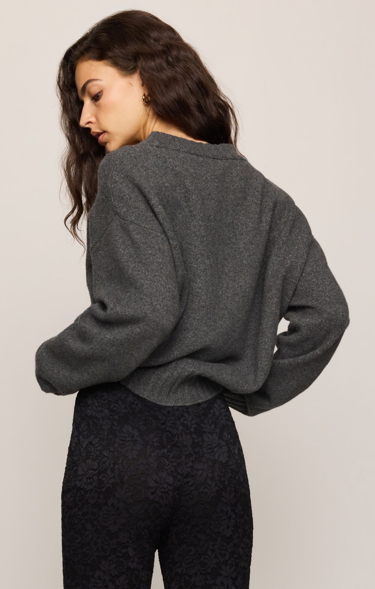Charcoal heather knit crewneck pullover sweater, back view with ribbed hem and cuffs