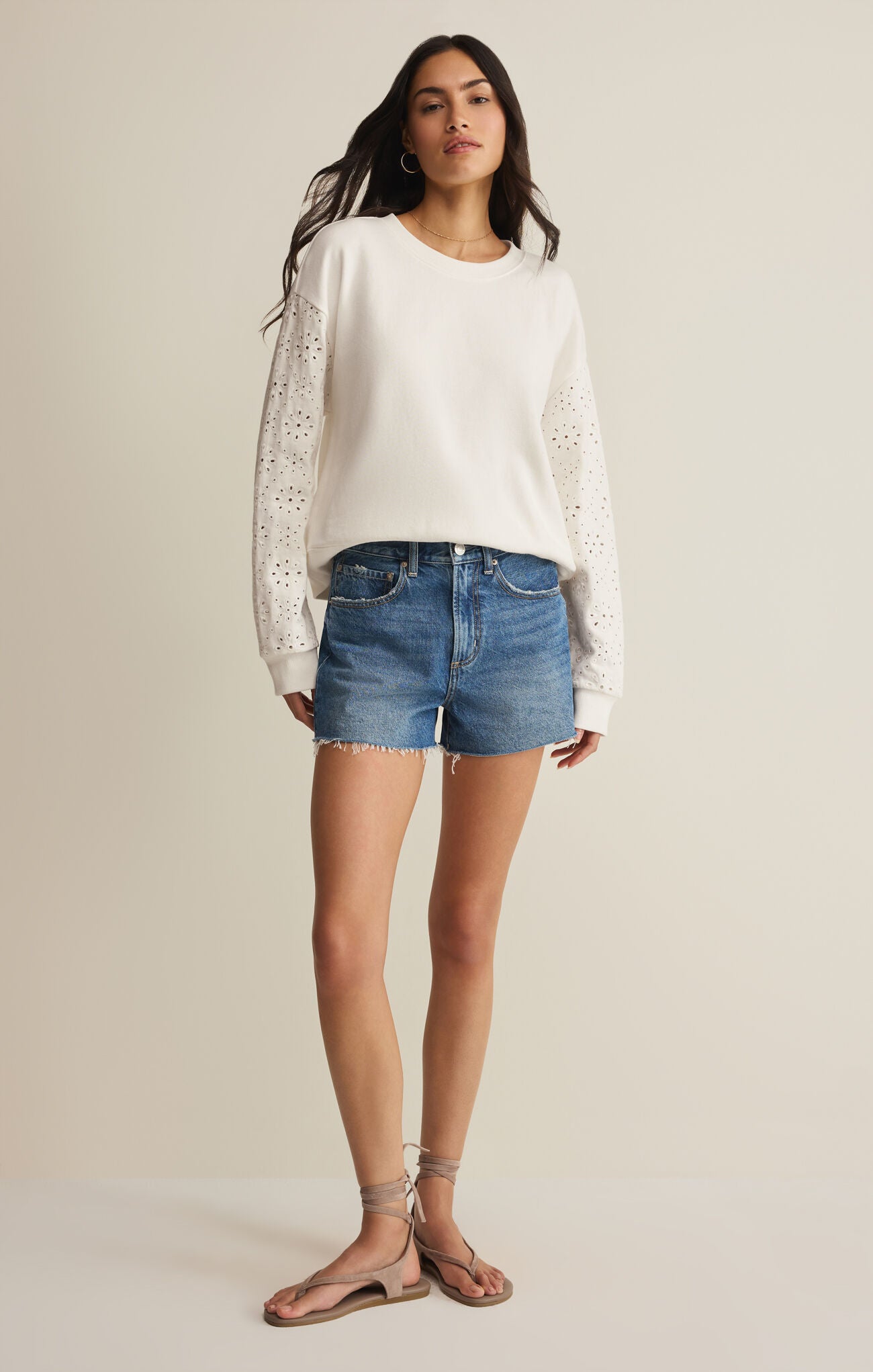 Z Supply Mosaic Knit Eyelet Sweatshirt – White