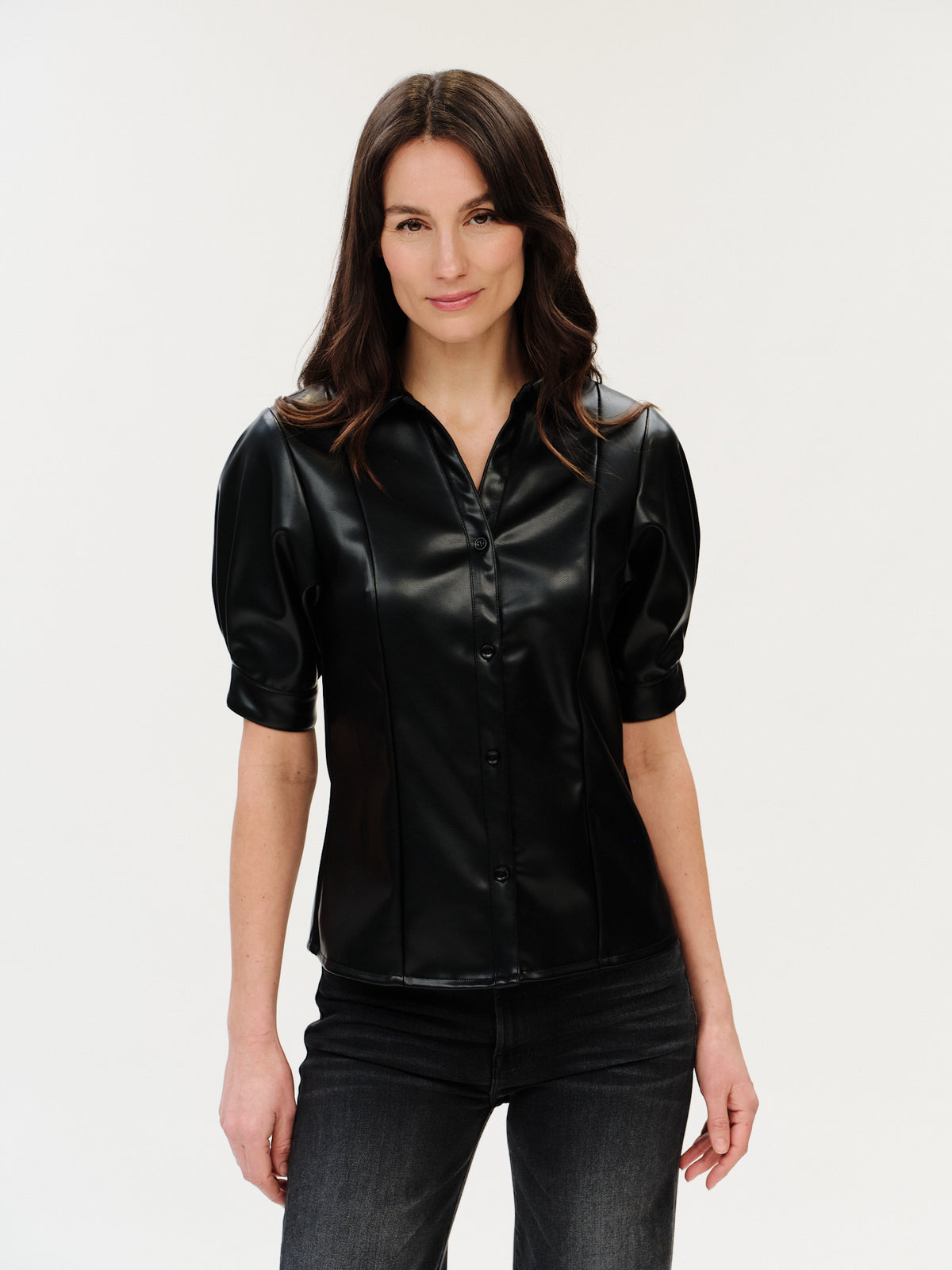 Val Faux Leather Collared Top