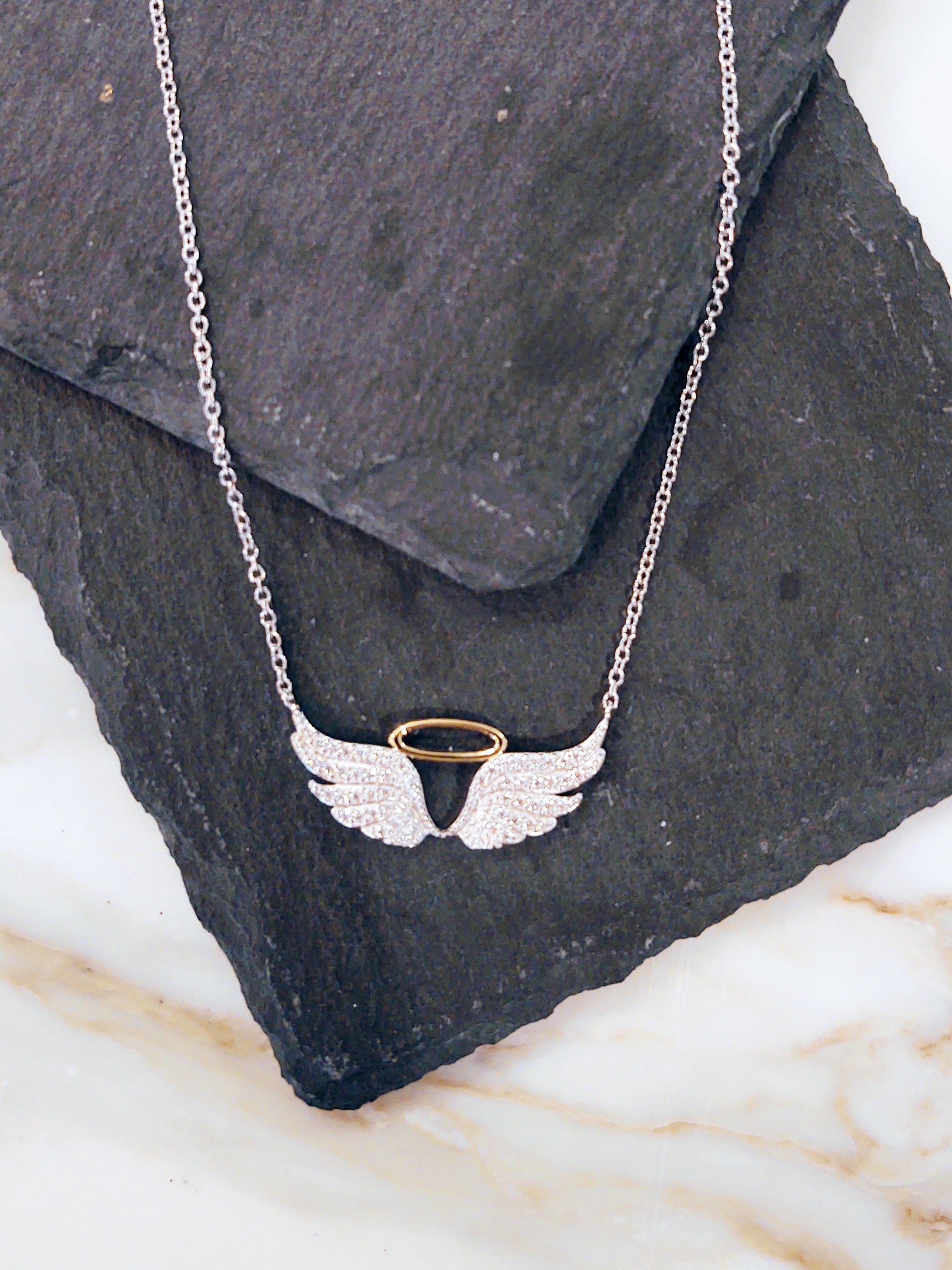 Angel Wing Necklace – Pavé Wing & Halo Pendant in 14K Gold Plated Sterling Silver