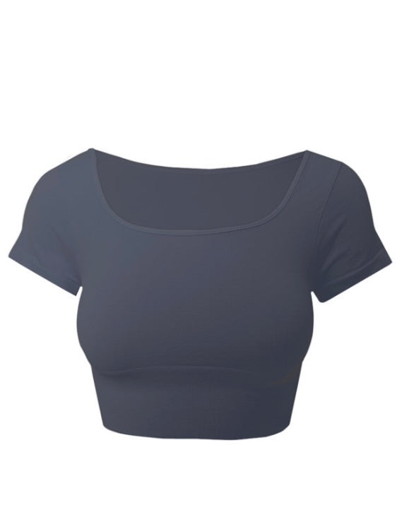 Lia Short Sleeve Ink Blue Square Neck Crop Top