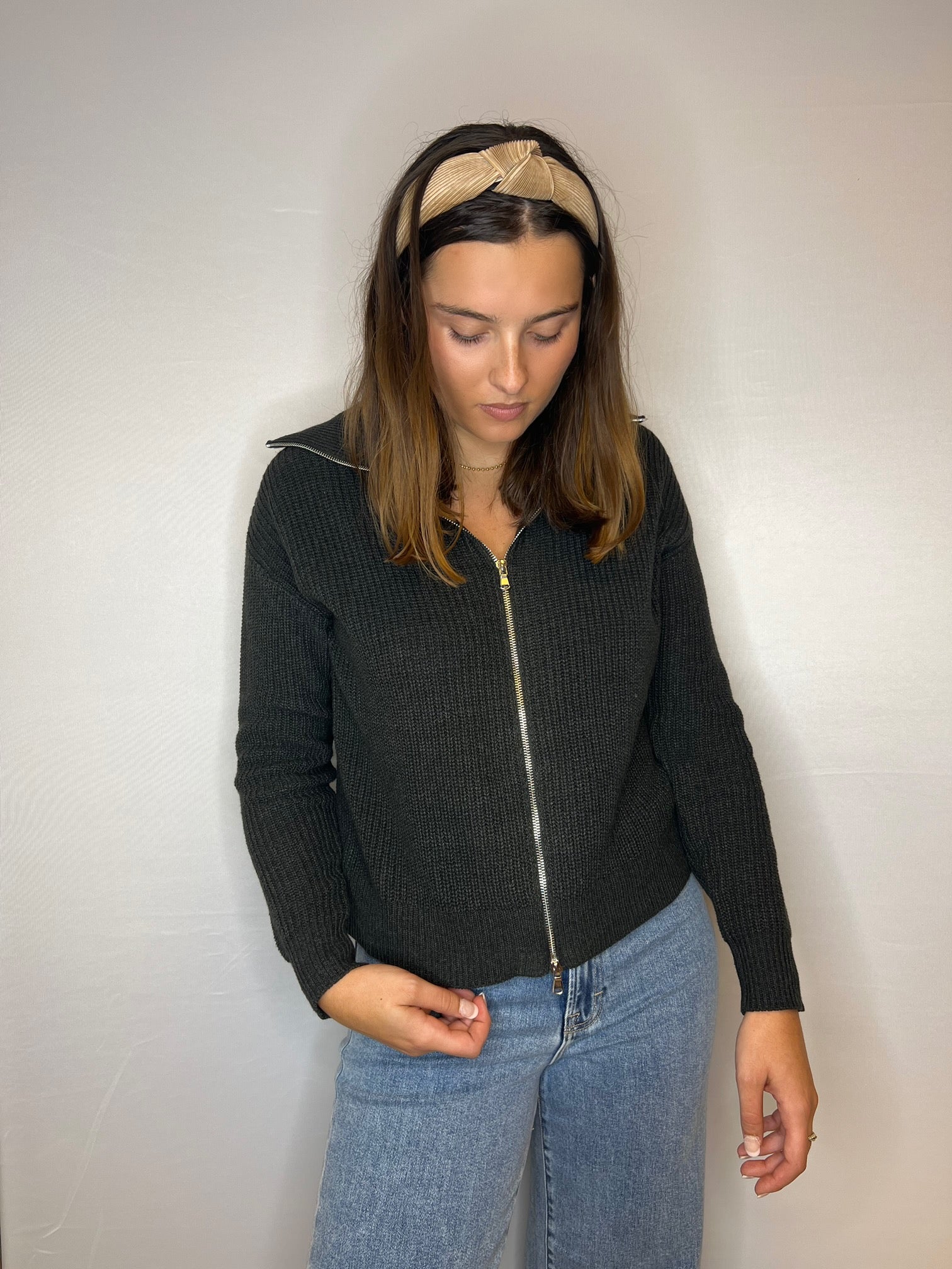 Katie Zip Up Charcoal Sweater